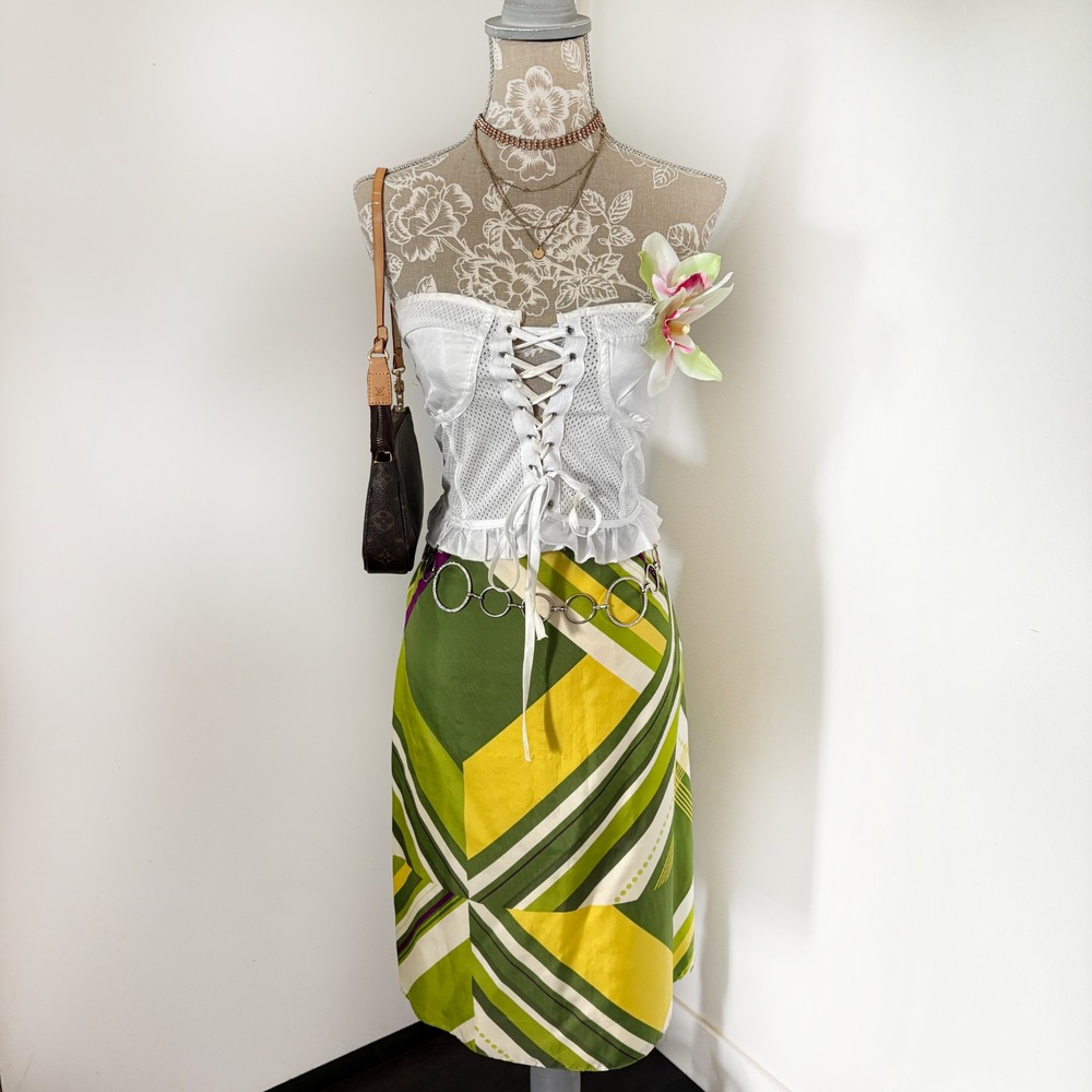 Kenneth Cole Reaction Y2K Geometric Print Satin Midi Skirt Size 6